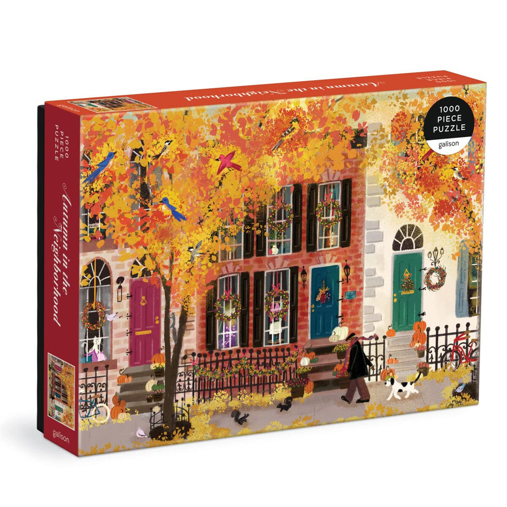 Galison Autumn in the Neighborhood puzzle box front with matte packaging, ideal for gifting.
