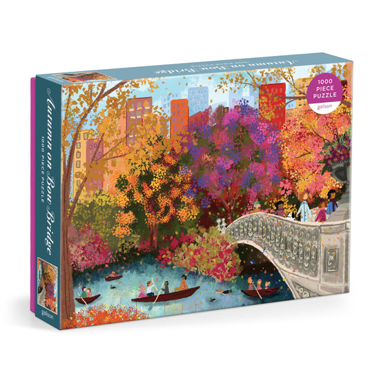 Galison Autumn on Bow Bridge puzzle box with vibrant fall scene for family fun