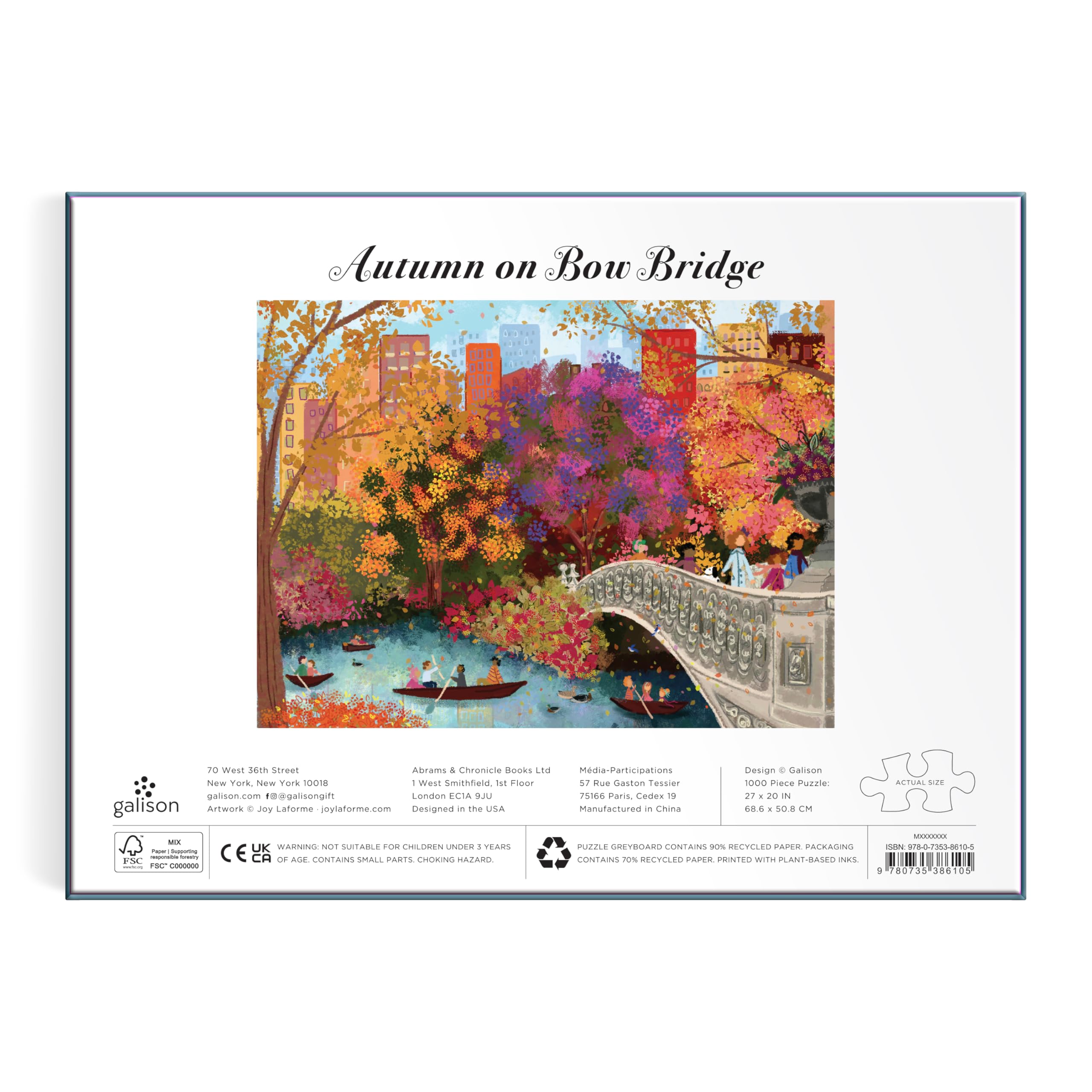 Completed 27x20 puzzle of Bow Bridge in autumn for display