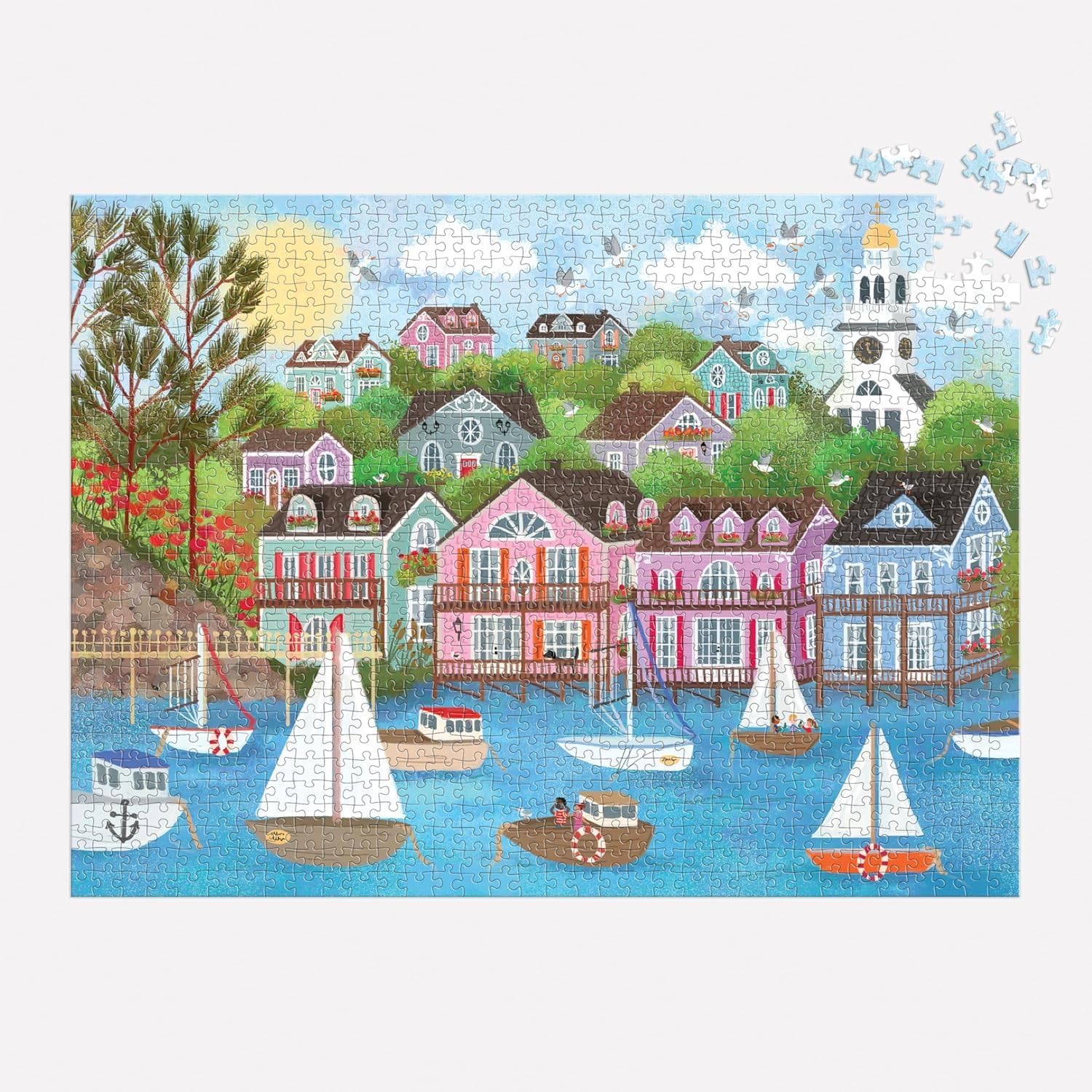 Bright and bold artwork of Nantucket harbor encourages mindful puzzle time