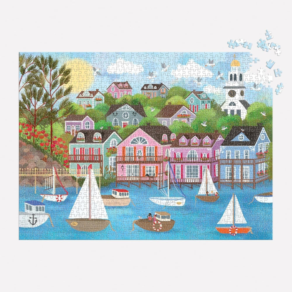 Bright and bold artwork of Nantucket harbor encourages mindful puzzle time
