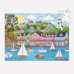 Bright and bold artwork of Nantucket harbor encourages mindful puzzle time