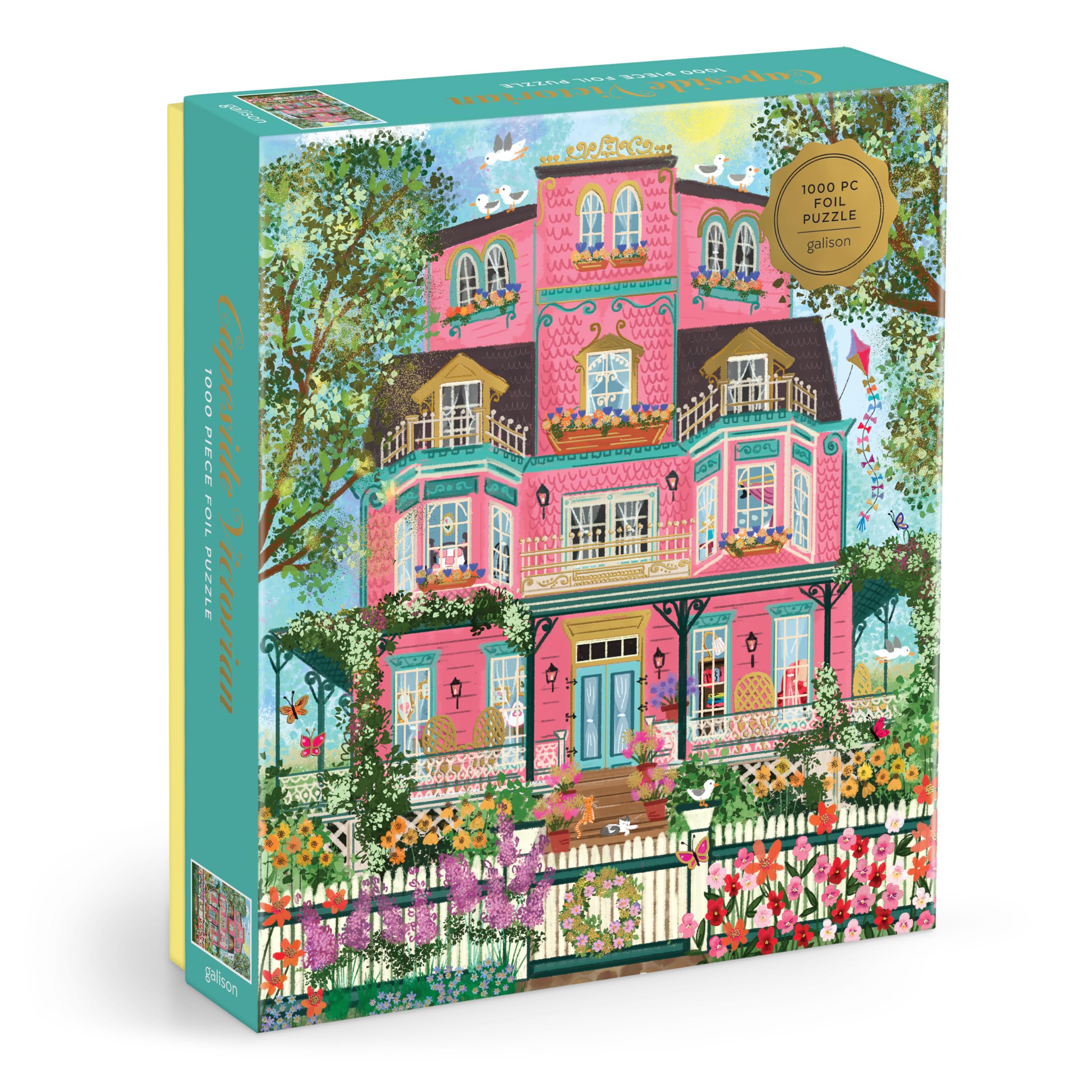 Galison Capeside Victorian foil puzzle by Joy Laforme features a blooming manor, ideal for relaxing evenings.