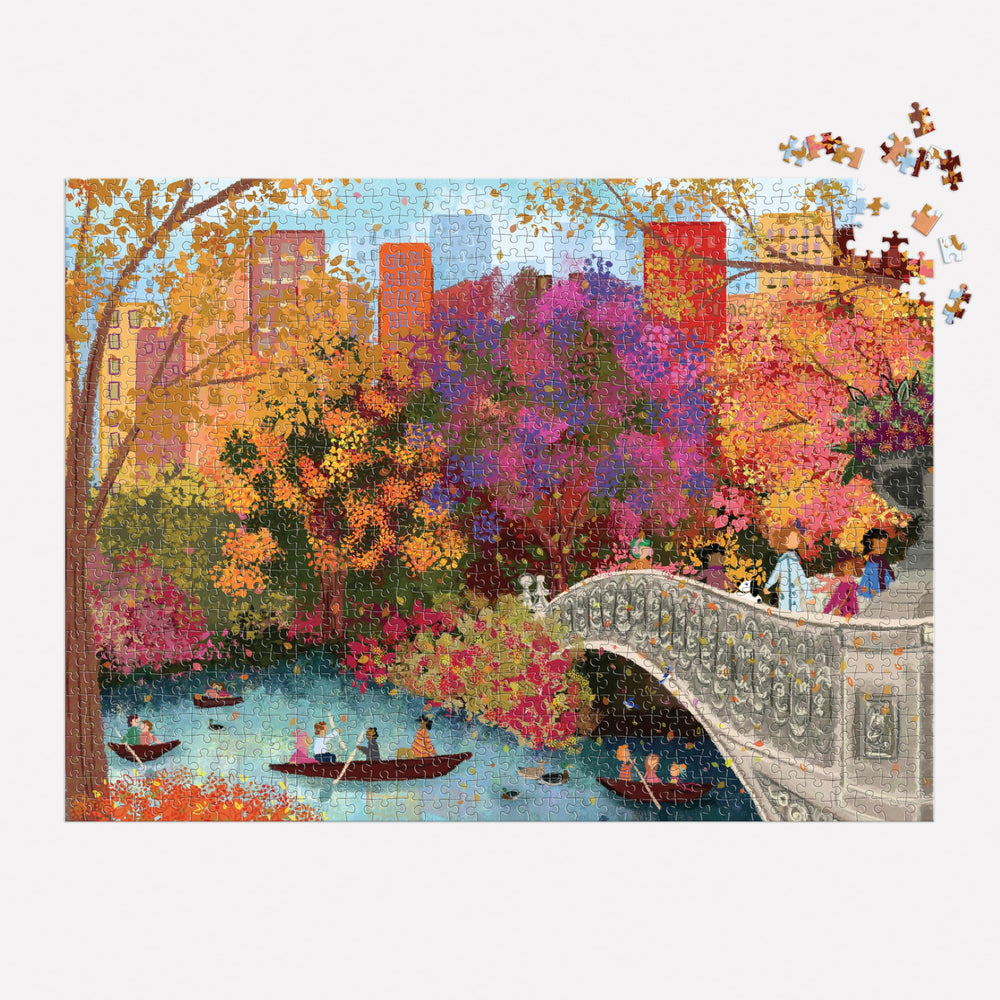 Close detail of Galison Bow Bridge artwork in Central Park during fall