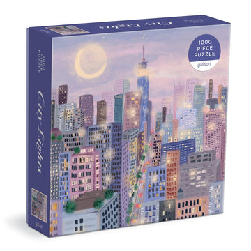 Galison City Lights 1000-piece puzzle with lavender-night skyline for immersive evenings.