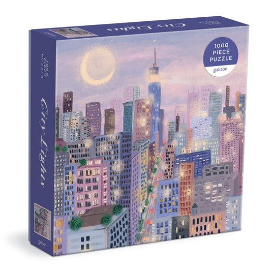 Galison City Lights 1000-piece puzzle with lavender-night skyline for immersive evenings.