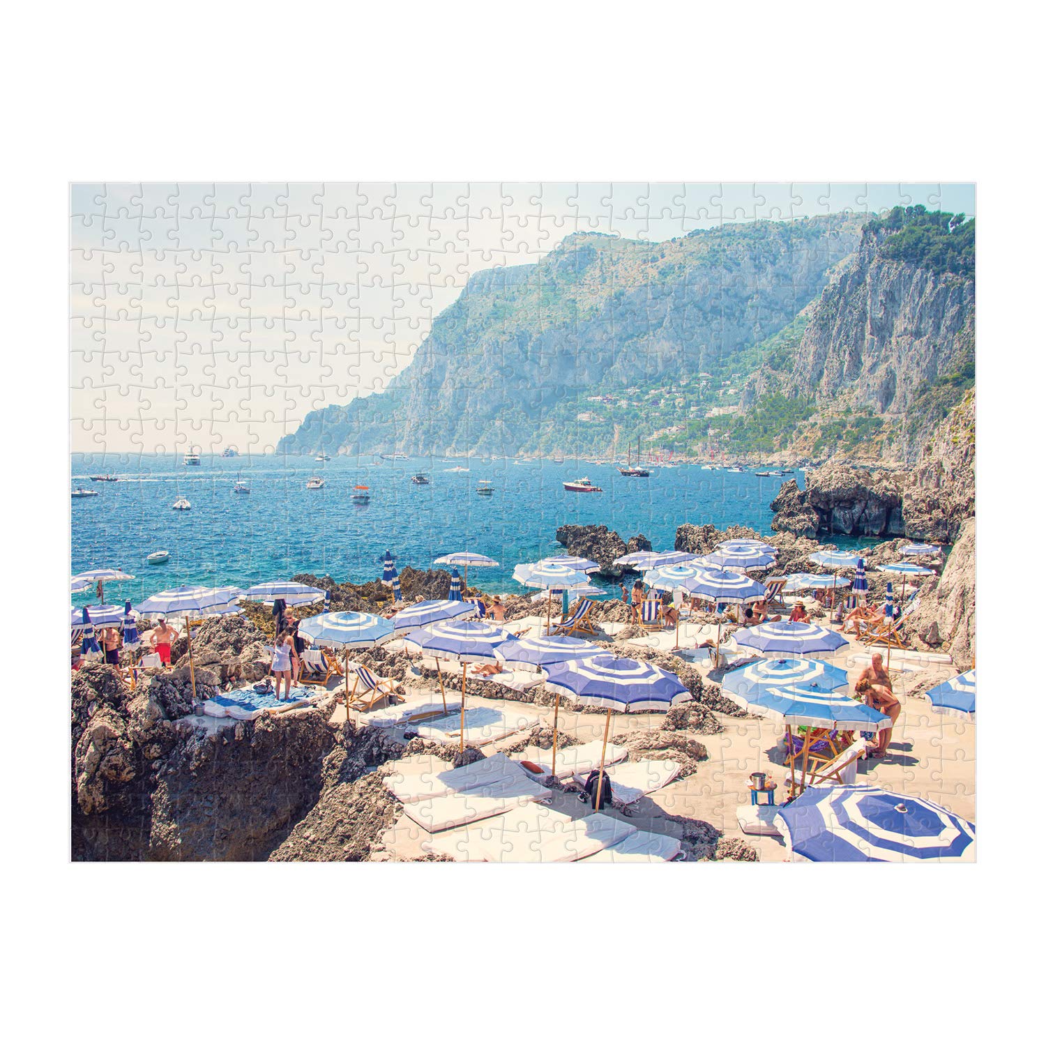 Galison Gray Malin Italy La Fontelina blue and white umbrellas detail for visual focus.