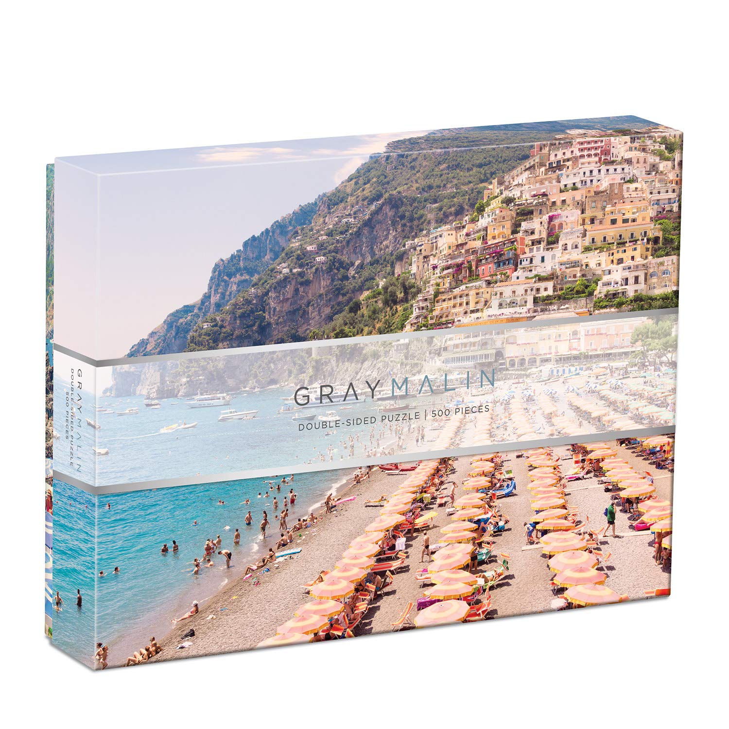 Galison Gray Malin Italy two-sided puzzle Positano photo featuring pastel houses for bright, engaging puzzles.