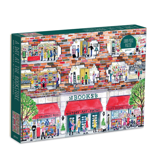 Galison Michael Storrings bookshelf puzzle cover showing inviting colors for cozy evenings