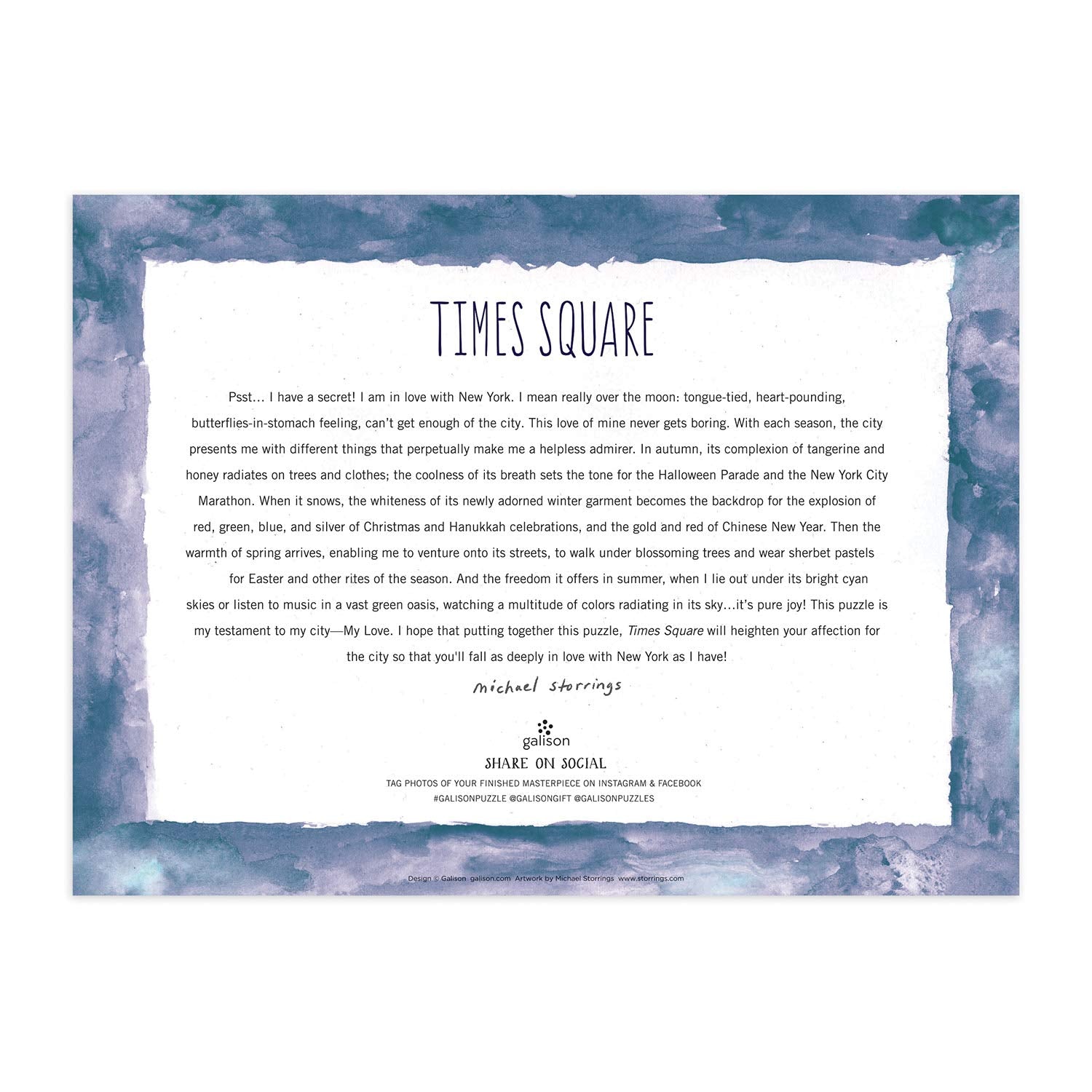 Galison Michael Storrings Times Square puzzle insert helps verify completed image quickly.