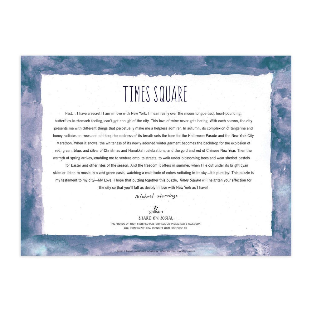Galison Michael Storrings Times Square puzzle insert helps verify completed image quickly.