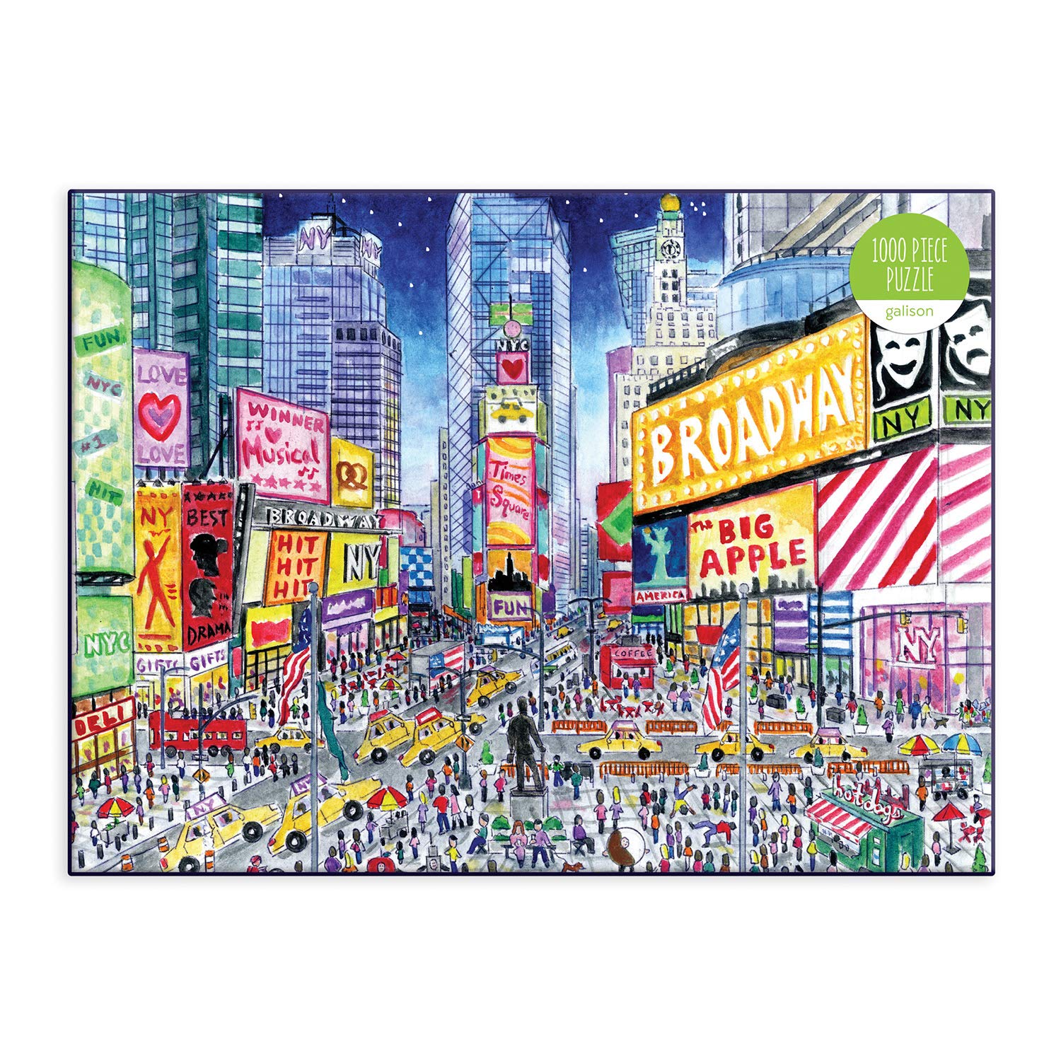 Galison Michael Storrings Times Square puzzle pieces capture vibrant city detail for immersive puzzling.
