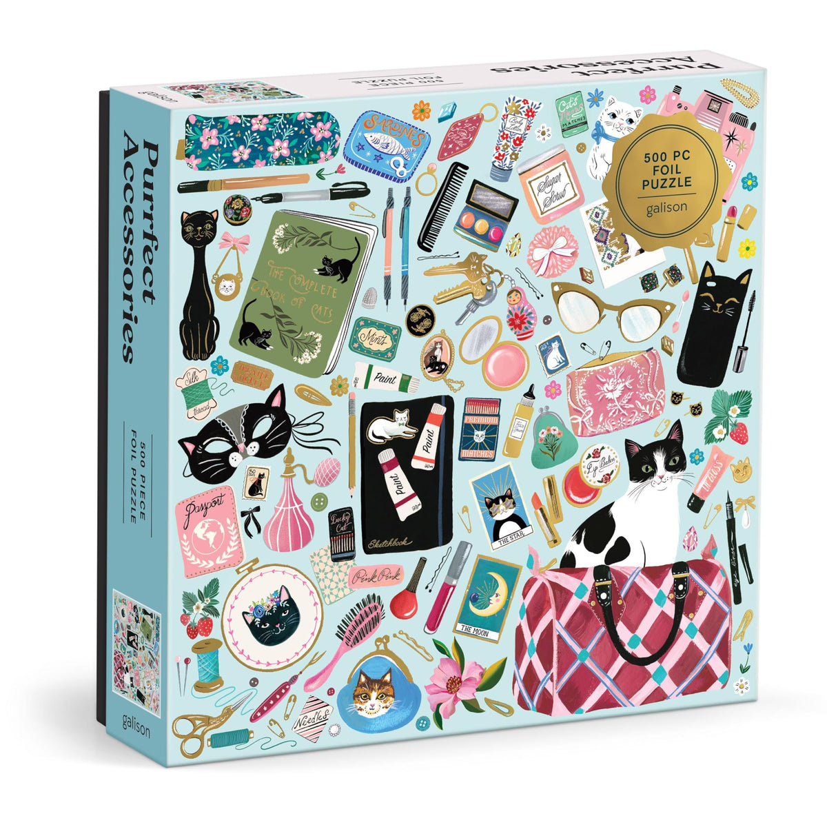 Galison Purrfect Accessories foil puzzle featuring cat-themed fashion for relaxing, stylish puzzle time