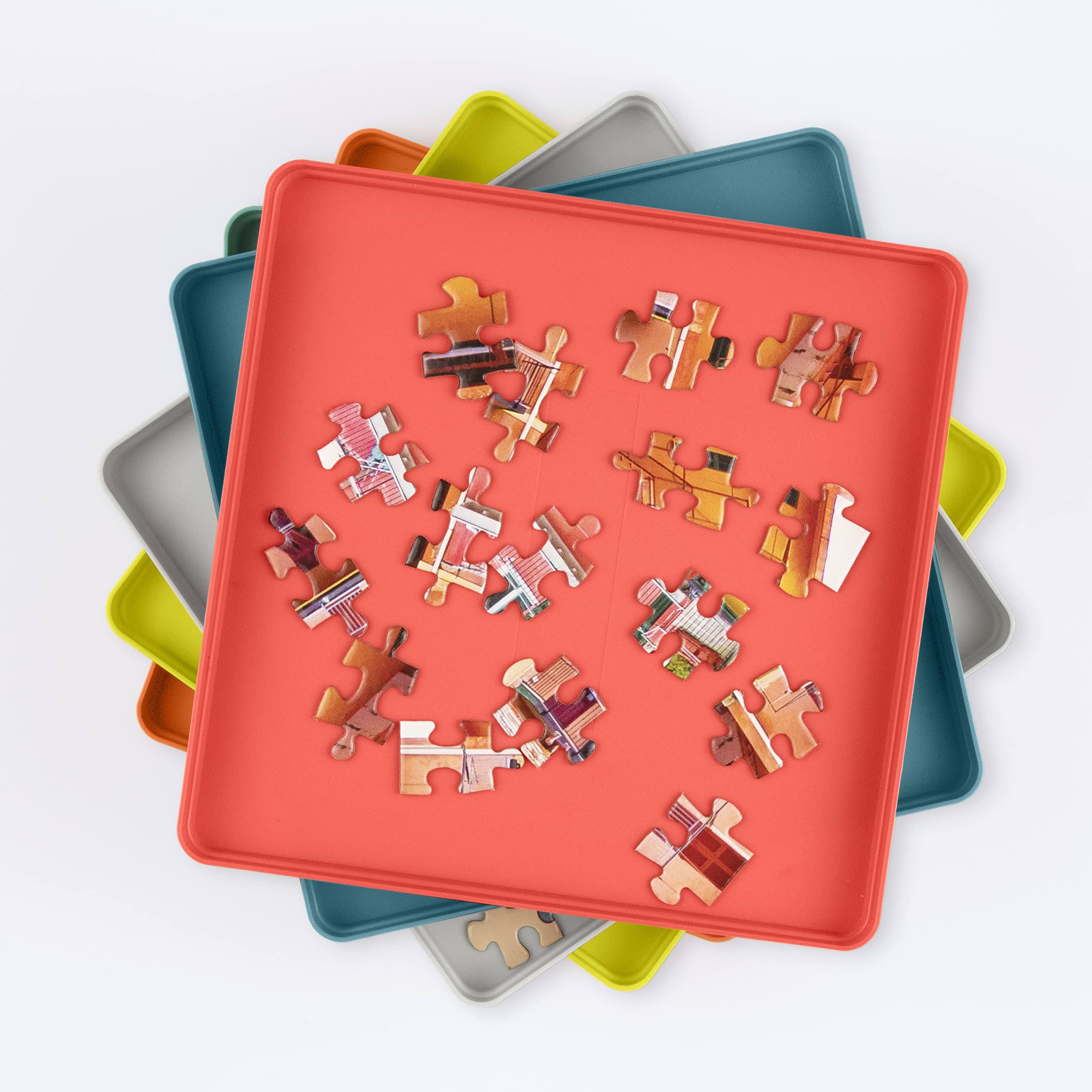 Galison color-coded trays arranged to sort large-piece puzzles efficiently.