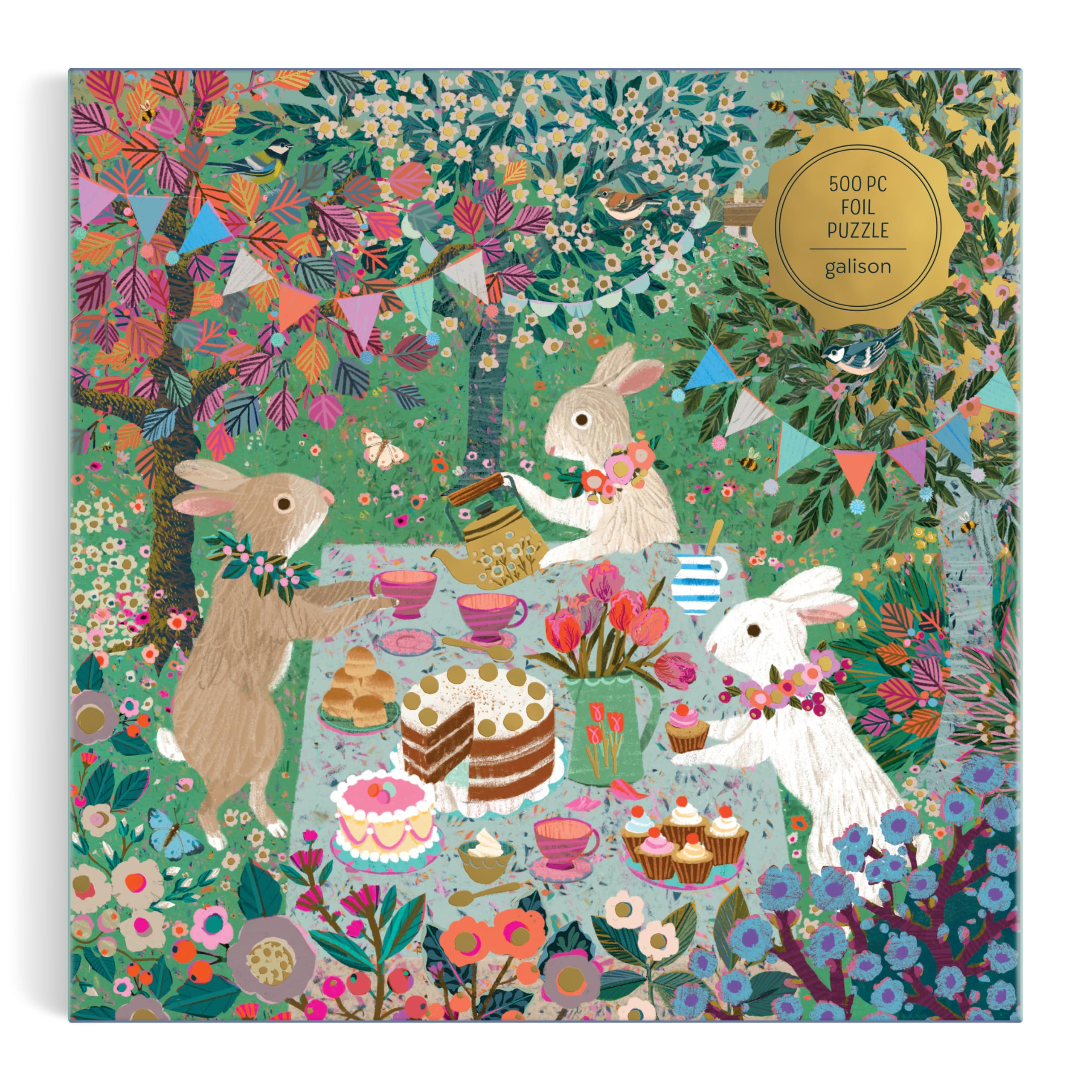 Galison Spring Tea Party: foil accents catch light, enhancing a display piece after puzzle completion