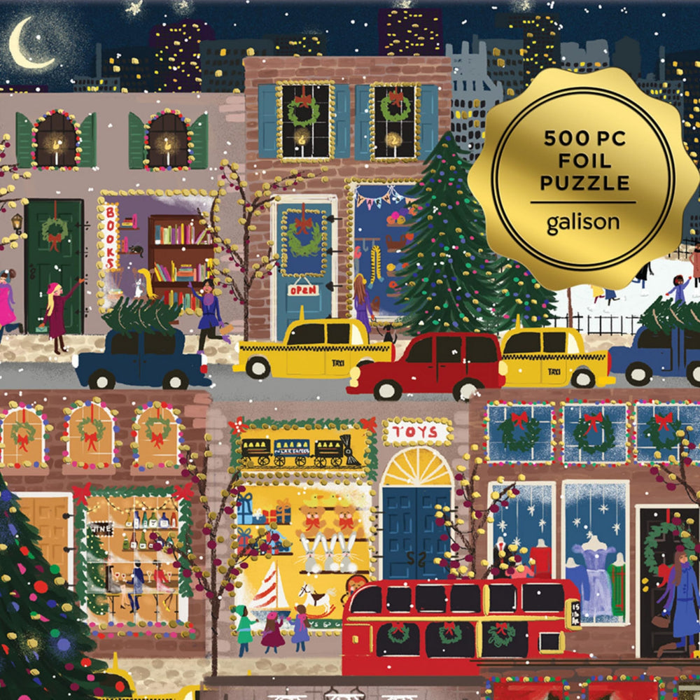 Galison Winter Lights assembled puzzle at 20x20 inches showing urban scene.