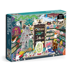 Galison World of Curiosities puzzle box and pieces ready for family puzzling fun.