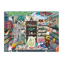 Galison World of Curiosities' humorous illustrations spark curiosity during puzzle night.