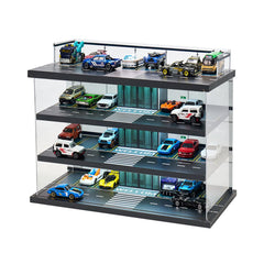 GALUMO display case with four-level LED lighting showcases Hot Wheels cars in a showroom-style display.