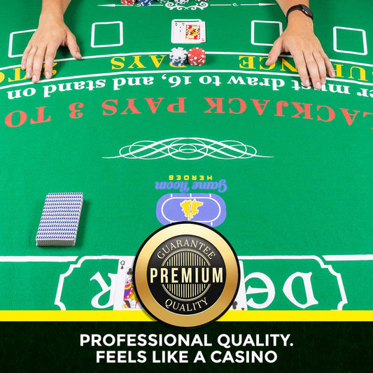 Game Room Heroes double-sided felt showing poker on one side and blackjack on the reverse.