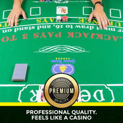 Game Room Heroes double-sided felt showing poker on one side and blackjack on the reverse.
