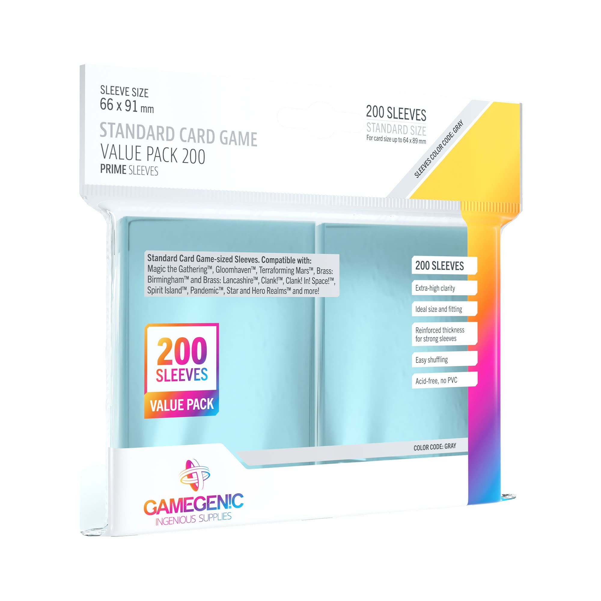 Gamegenic Clear 200ct card sleeves – front view for smooth shuffle protection.