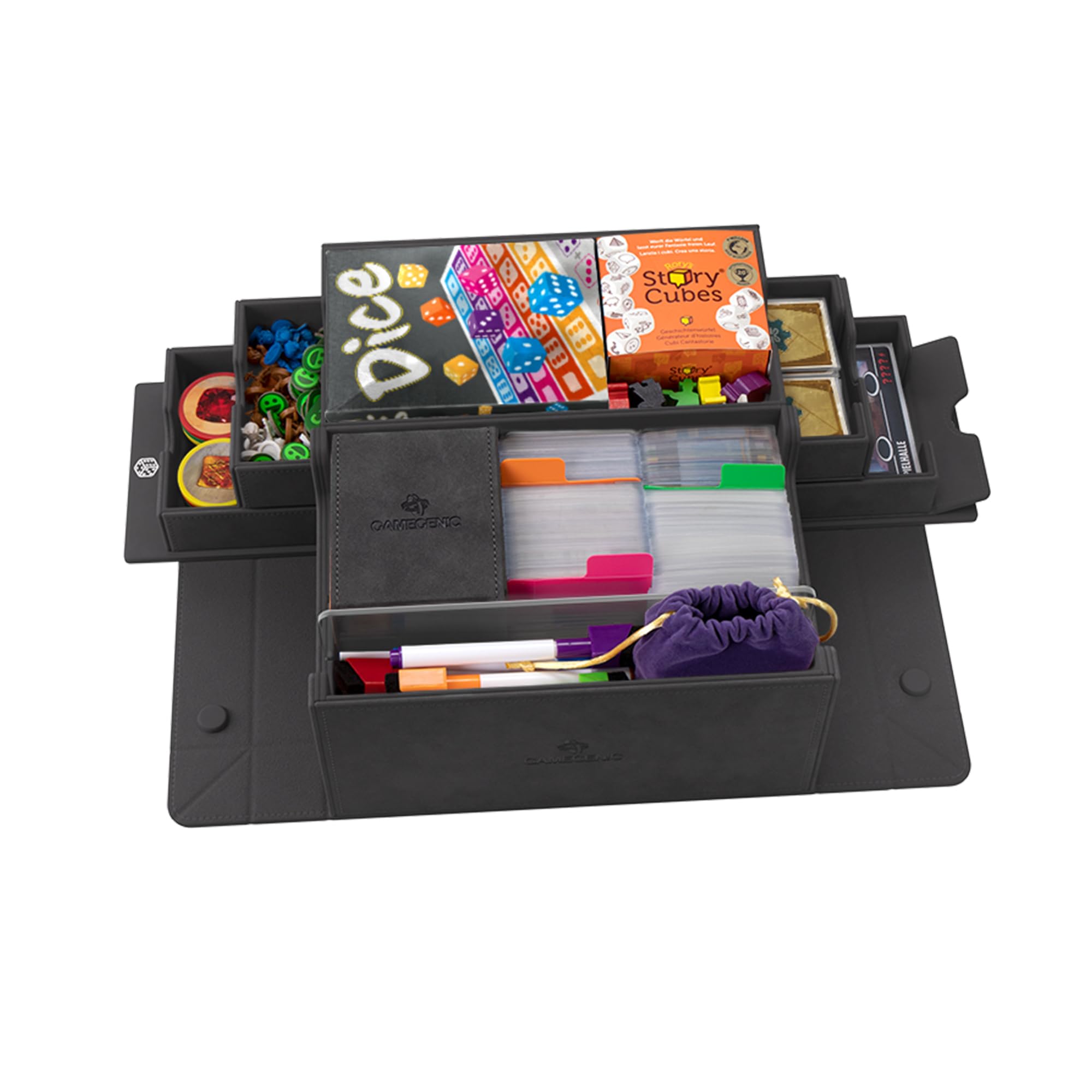 Gamegenic Game's Lair 600+ extra-large trays store tokens, dice, and accessories.