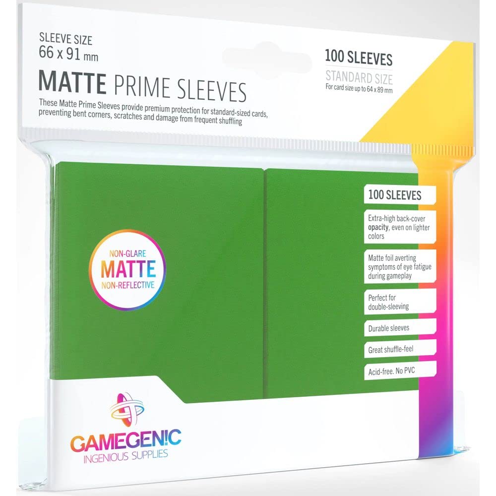 Gamegenic Matte Prime Sleeves Green, front view, glare reduction for clear card visibility.