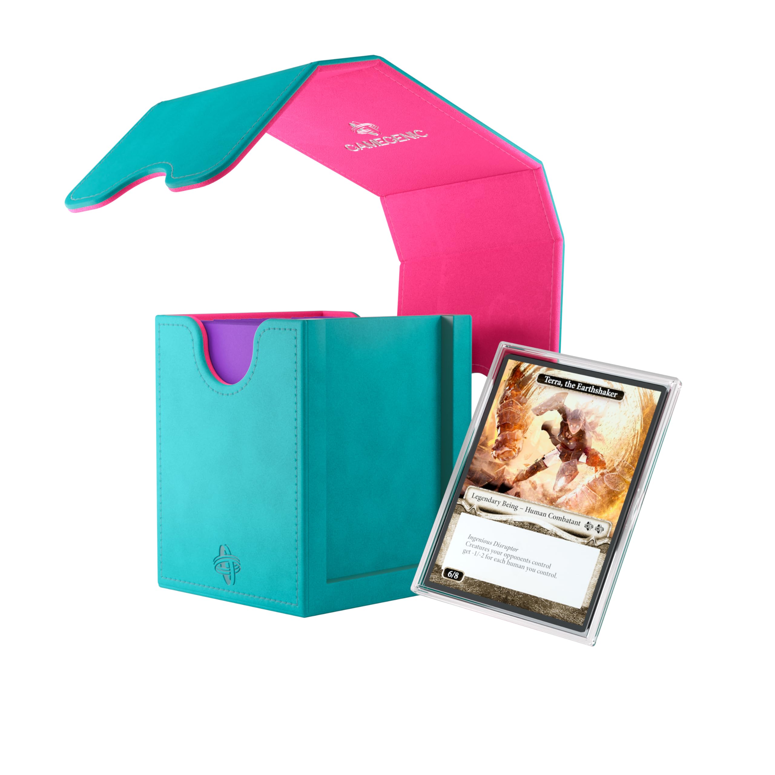 Holds 100 double-sleeved cards with room for tokens in the Gamegenic Squire Plus.