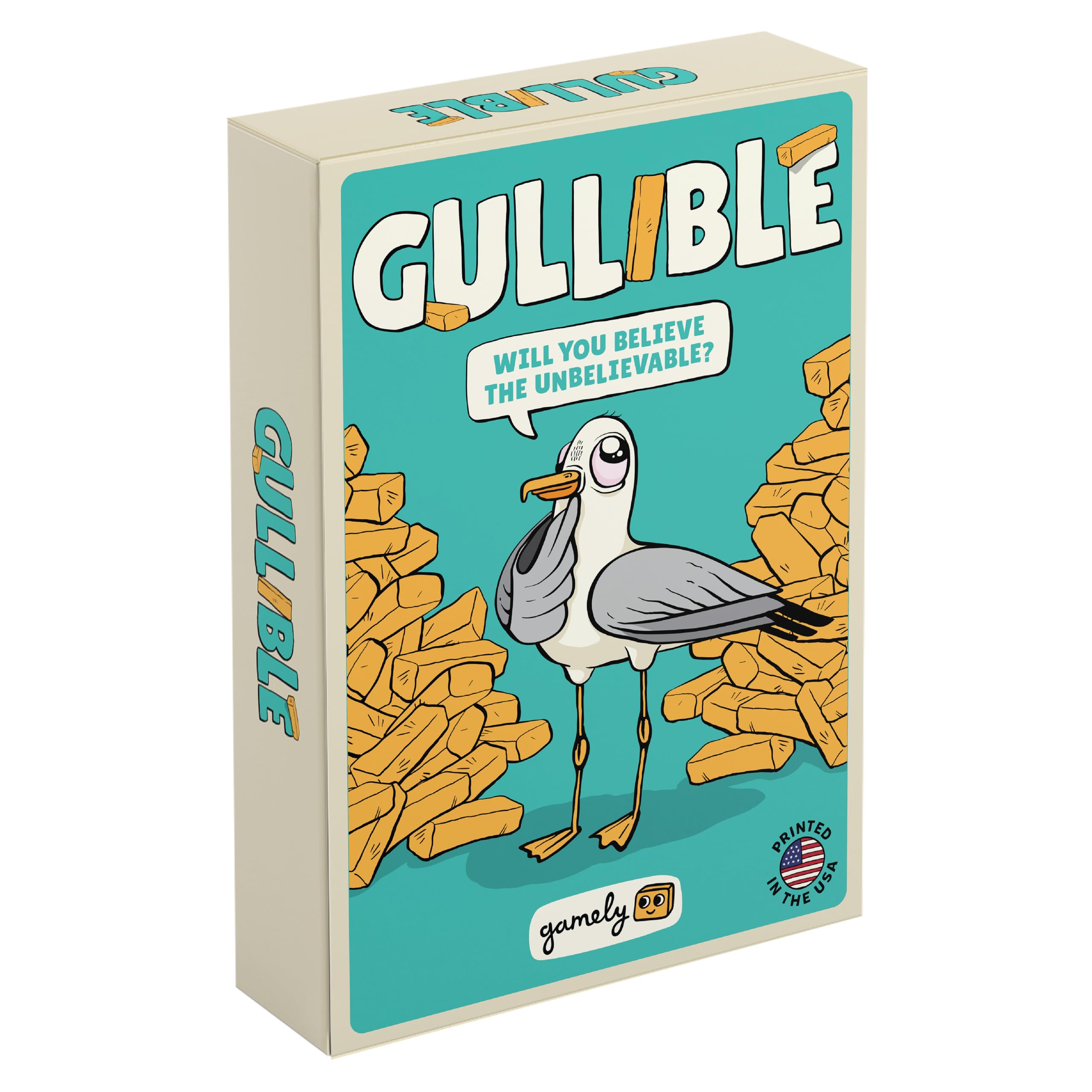 Gamely Gullible box front shows compact design for easy gifting and storage.