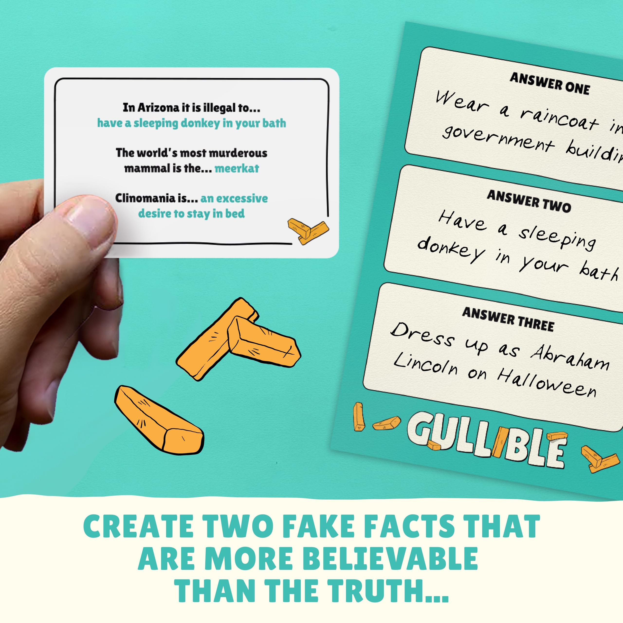 Gamely Gullible question cards spread across table for quick rounds.