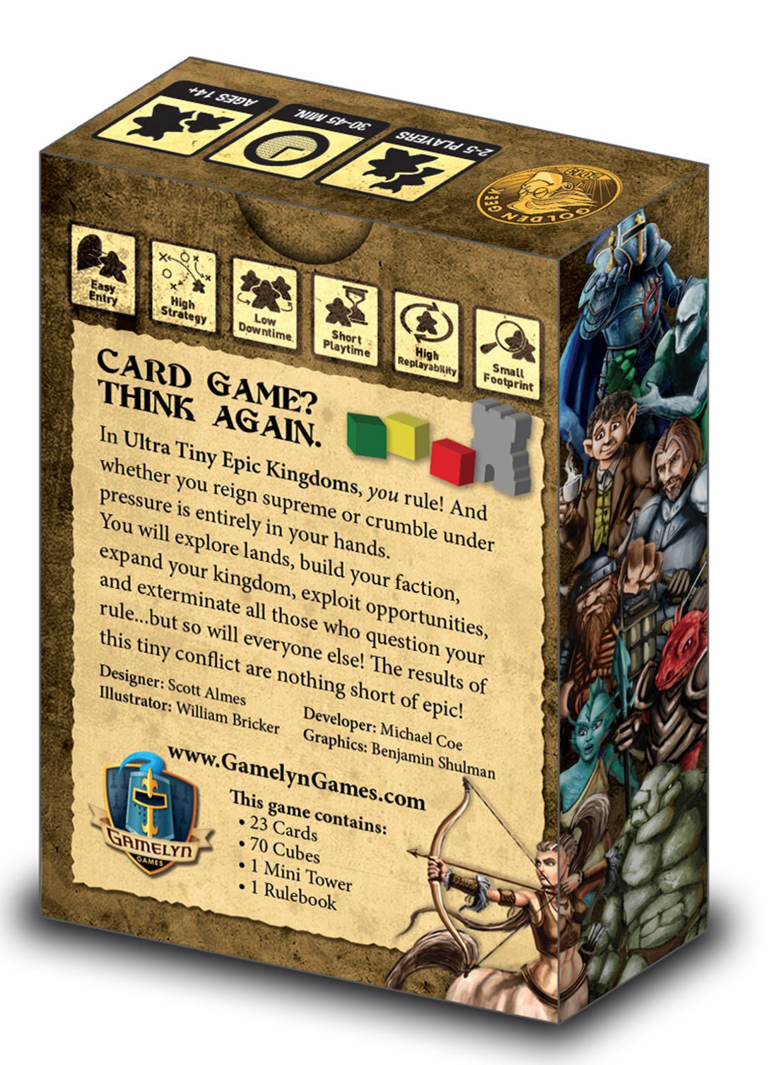 Gamelyn Games Ultra-Tiny Epic Kingdoms travel packaging, compact design fits in a bag.
