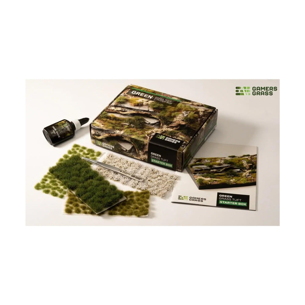 Gamers Grass Tuft Starter Box close-up showing vibrant green tufts for realistic dioramas.