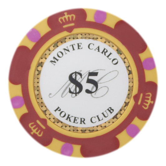 Gamers Lounge Monte Carlo 14g chips, stacked, vibrant tri-tone edge enhances visibility and handling.
