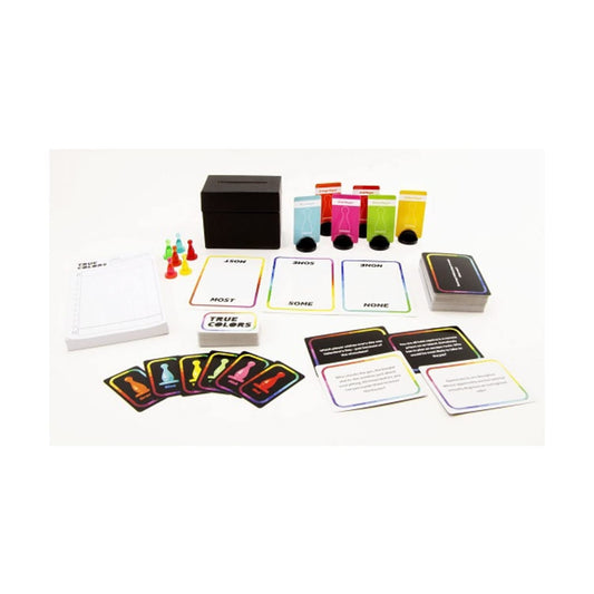 Games Adults Play True Colors voting cards showing who fits the description during a party moment.