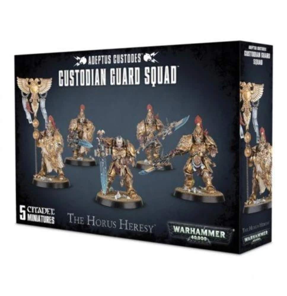 Games Workshop Adeptus Custodes Custodian Guard group miniature in gleaming gold armor for tabletop battles.