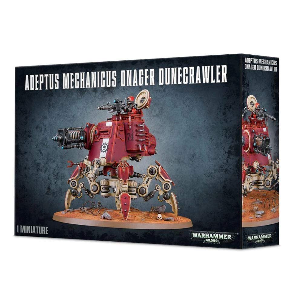 Games Workshop Adeptus Mechanicus Onager Dunecrawler kit shows modular parts for easy assembly.