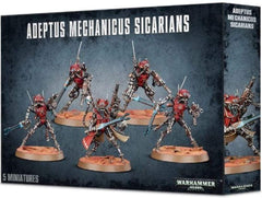 Games Workshop Adeptus Mechanicus Sicarian miniatures close-up highlighting dynamic poses for tabletop battles