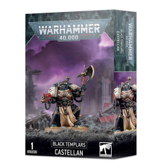 Games Workshop Black Templars Castellan miniature with combi-flamer and power axe, ready for assembly.