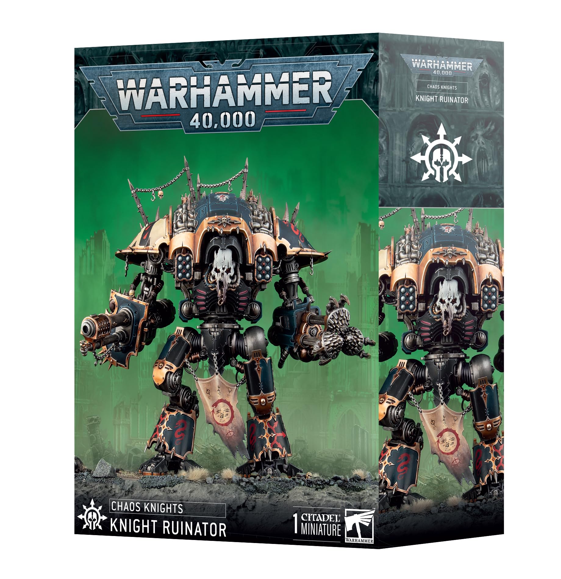 Games Workshop Chaos Knight Ruinator model, assembled, ready for tabletop battles with darkflame lance and terrorpulse missiles
