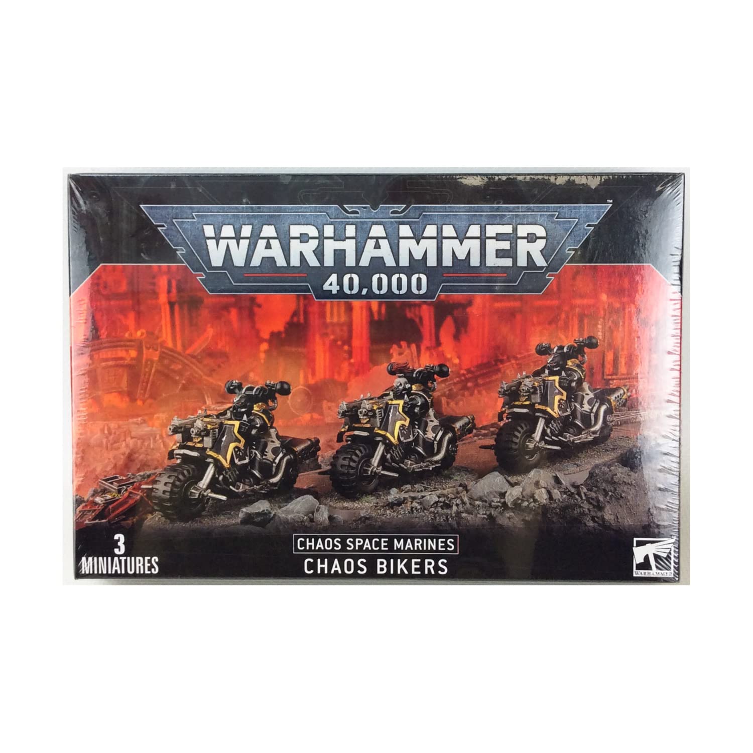 Games Workshop Chaos Space Marines Chaos Bikers in a dynamic tabletop pose, ready for battles.