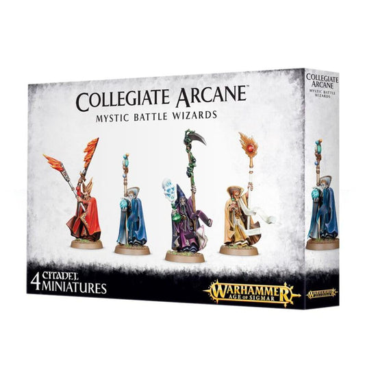 Games Workshop Collegiate Arcane Mystic Battle Wizards box set with four wizards for flexible army use.