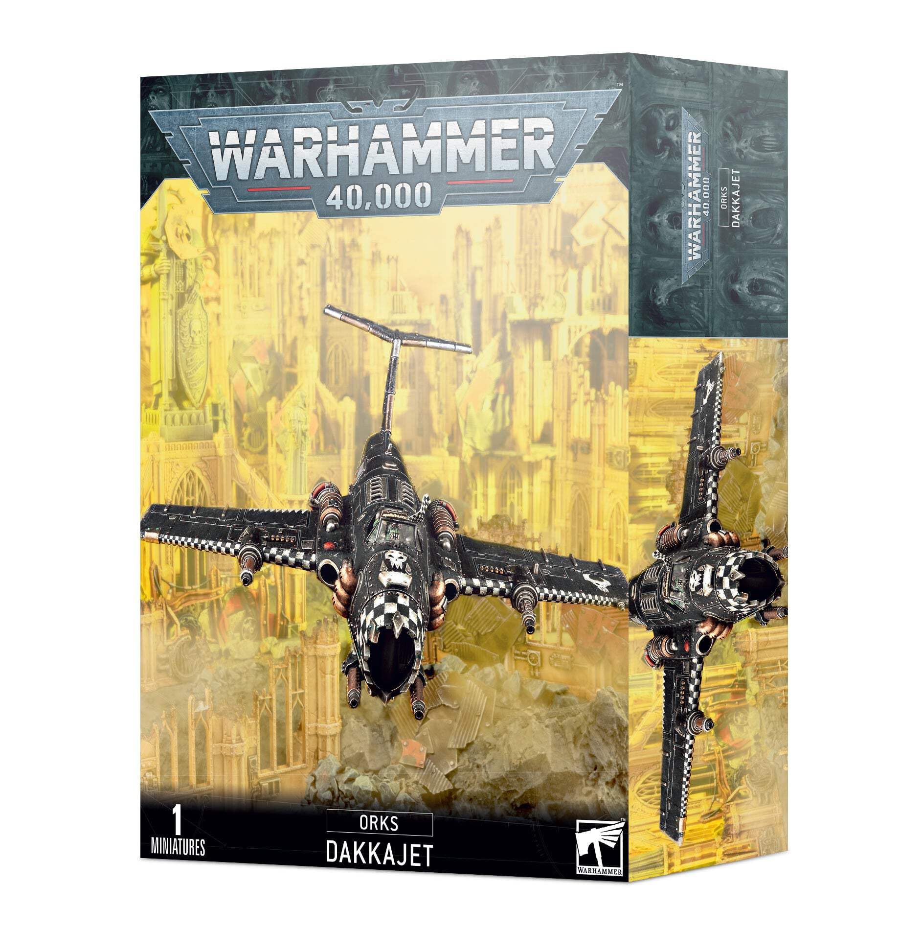 Games Workshop Dakkajet in flight with varied armament for tabletop battles.