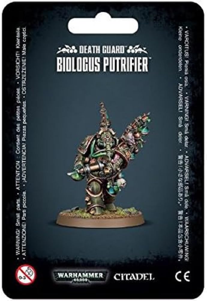 Games Workshop Death Guard Biologus Putrifier miniature in action reloading pose for intense tabletop battles.