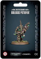 Games Workshop Death Guard Biologus Putrifier miniature in action reloading pose for intense tabletop battles.