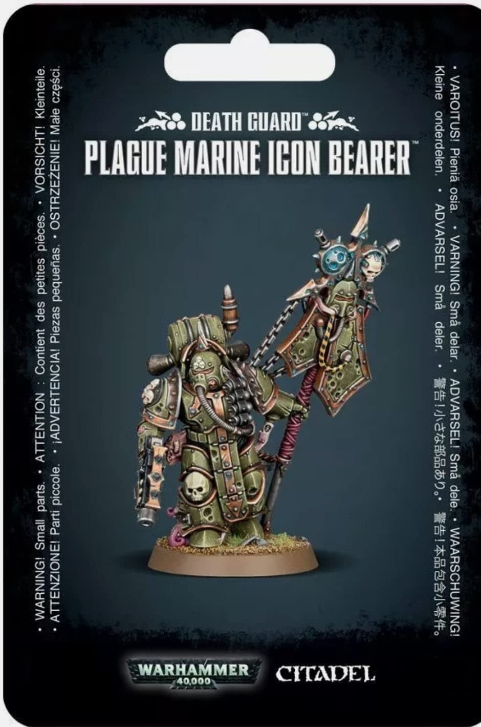 Games Workshop Death Guard Icon Bearer miniature, front view, ideal for tabletop battles.