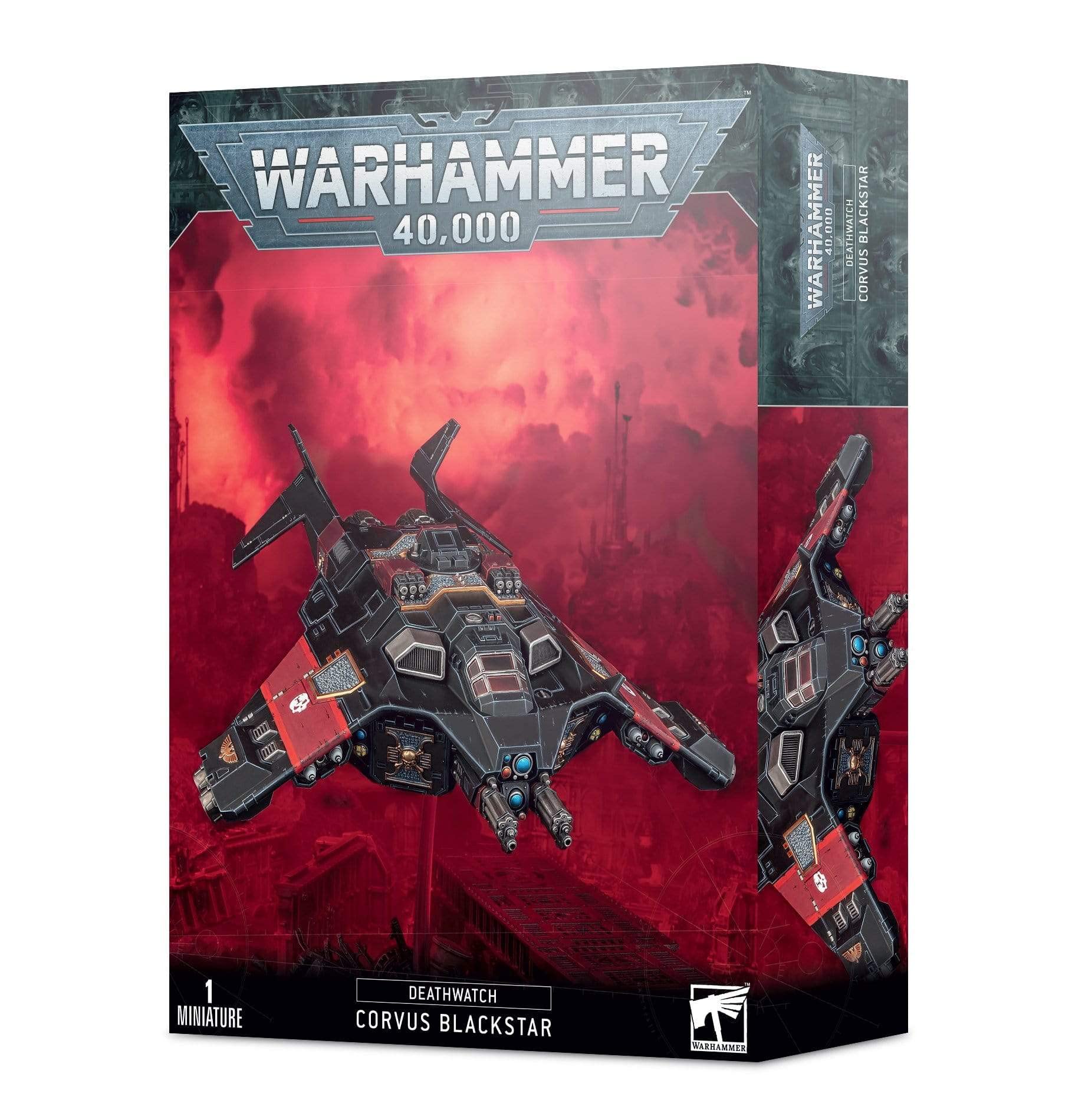 Games Workshop Deathwatch Corvus Blackstar parts laid out for assembly and customization.