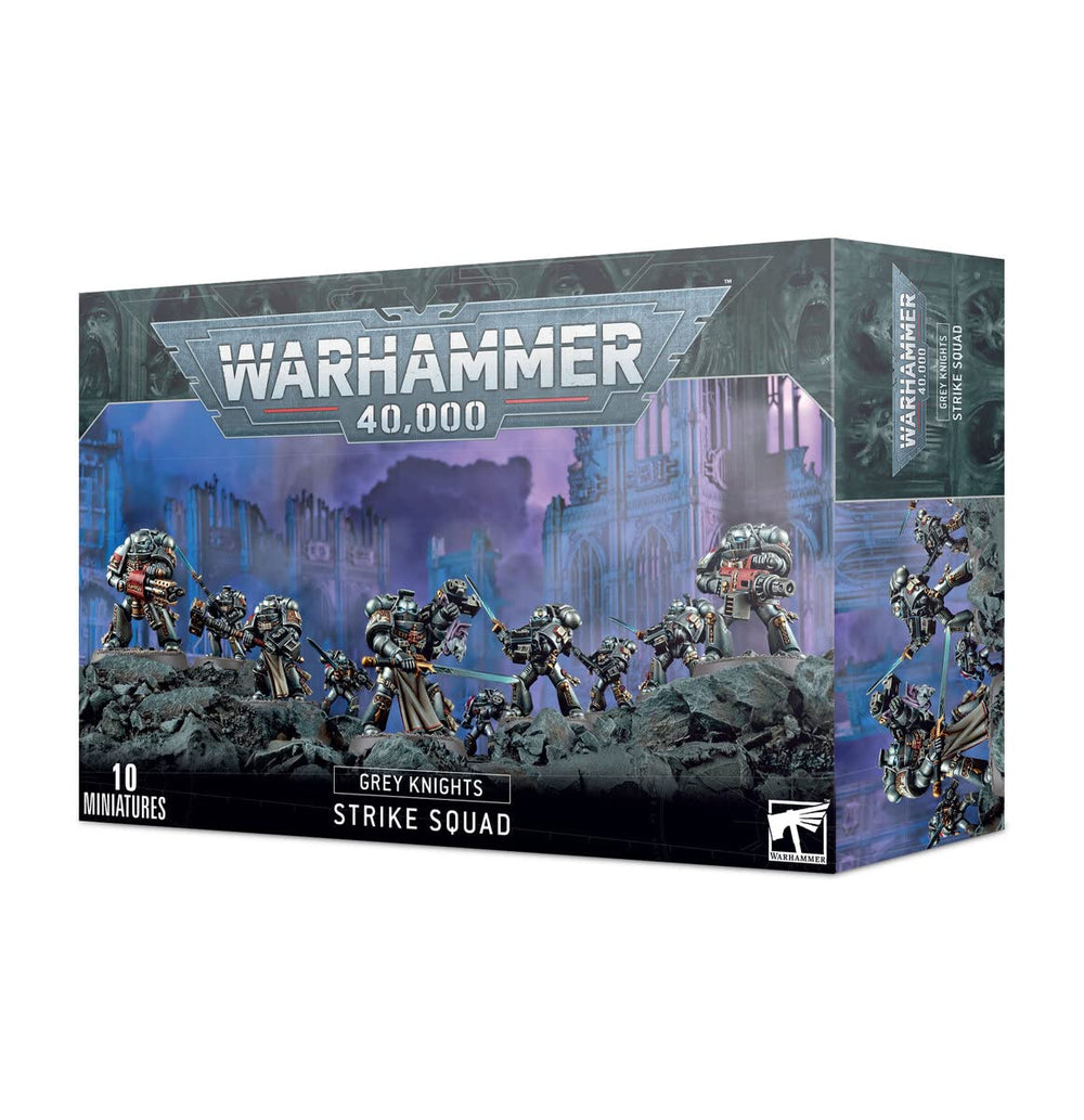 Games Workshop Grey Knights Strike Squad kit with ten miniatures and bases for tabletop battles