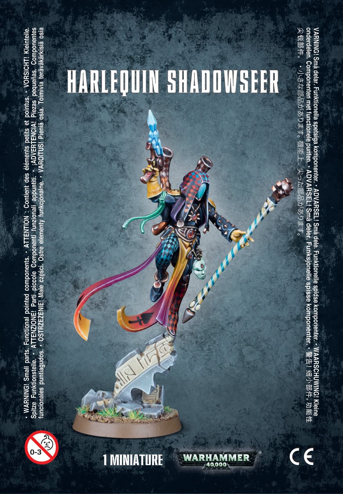 Games Workshop Harlequin Shadowseer figure for Warhammer 40,000 tabletop battles, adds dramatic presence.