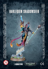 Games Workshop Harlequin Shadowseer figure for Warhammer 40,000 tabletop battles, adds dramatic presence.